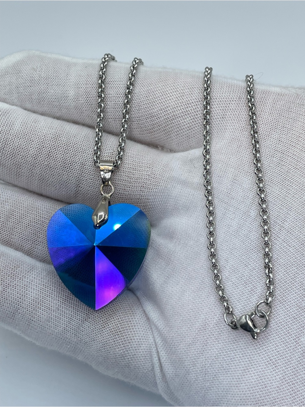 AB Crystal Heart Pendant Silver Tone Chain Necklace Blue Purple Statement